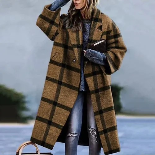 Women's Fashion Plaid Printing Placket Coat Woolen Coat