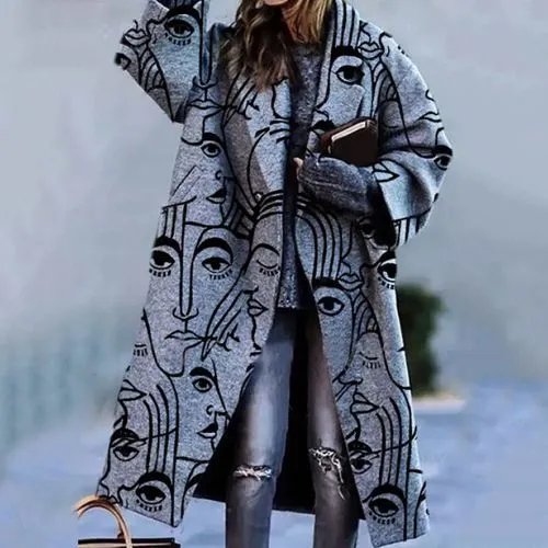 Women's Fashion Plaid Printing Placket Coat Woolen Coat