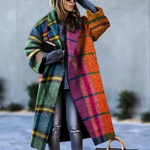 Women's Fashion Plaid Printing Placket Coat Woolen Coat