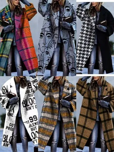 Women's Fashion Plaid Printing Placket Coat Woolen Coat