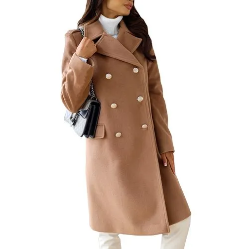 Women's Fashion Solid Color Patchwork Double Breasted Coat Woolen Coat