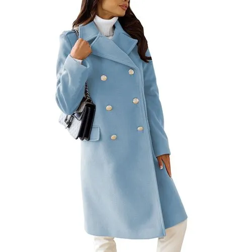 Women's Fashion Solid Color Patchwork Double Breasted Coat Woolen Coat