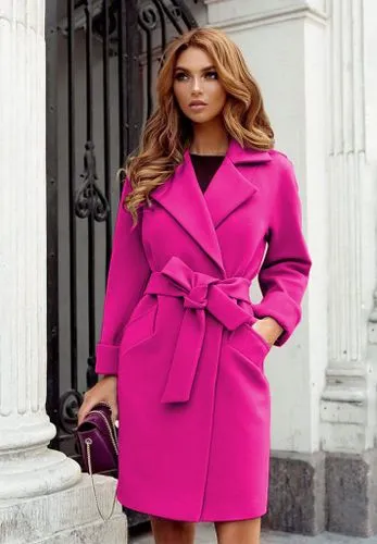 Women's Fashion Solid Color Tie Coat Woolen Coat