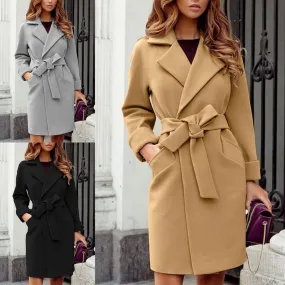 Women's Fashion Solid Color Tie Coat Woolen Coat