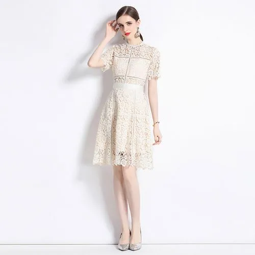 Women's Regular Dress Streetwear Round Neck Lace Short Sleeve Solid Color Knee-Length Holiday Daily