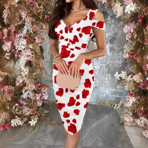 Women's Sheath Dress Sexy Shirt Collar Printing 3/4 Length Sleeve Rose Knee-Length Daily Date Bar